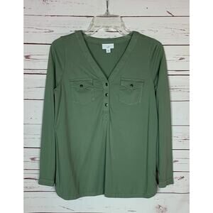 Women's Olive Green Long Sleeve V-Neck Top with Button Placket